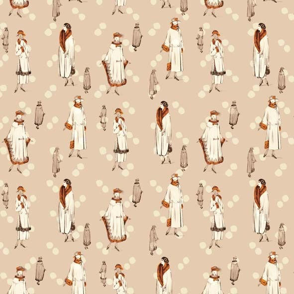 Dettaglio dei figurini di moda anni ’20 sulla carta decorata Art Déco per rilegatura artistica e cartonage