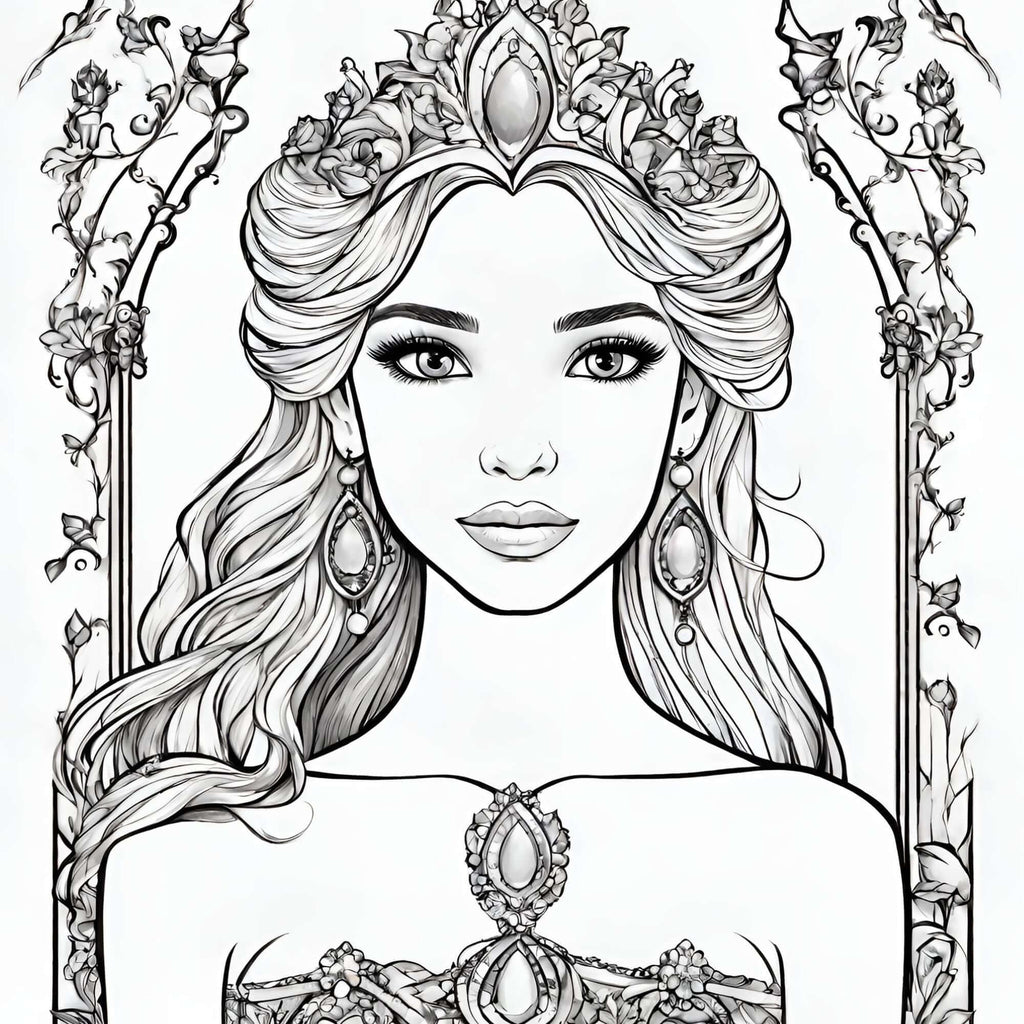 Disegno di principessa da colorare con castello e giardino