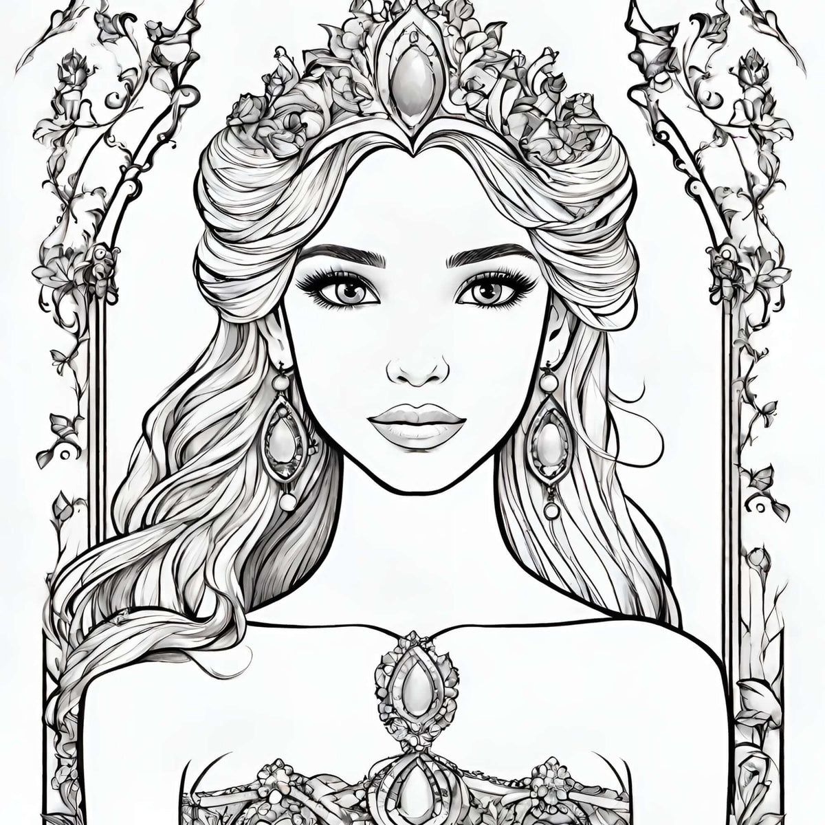 Disegno di principessa da colorare con castello e giardino