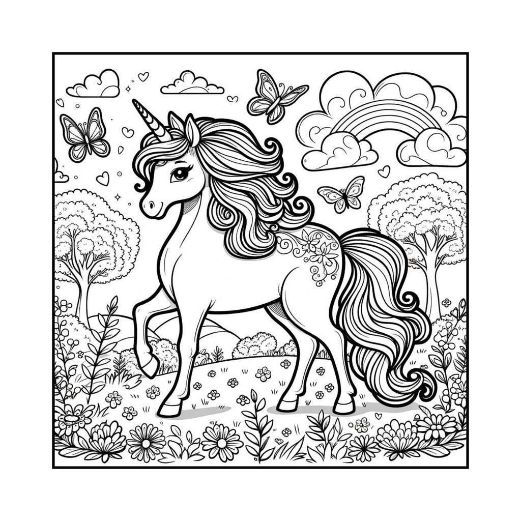Disegno di unicorno da colorare con castello fantastico