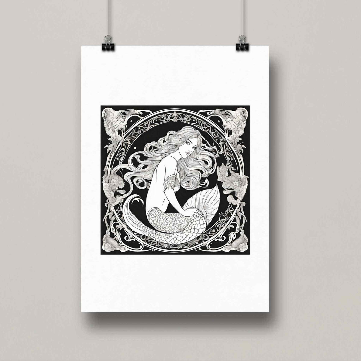 Illustrazione Liberty con figura femminile e motivi marini