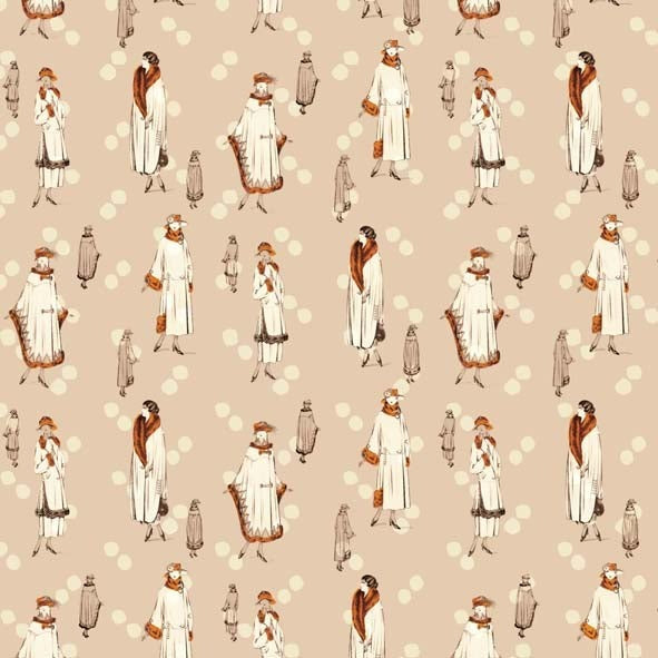 Dettaglio dei figurini di moda anni 20 sulla carta decorata