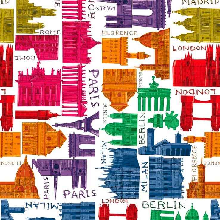 Pattern travel vintage con città e capitali europee