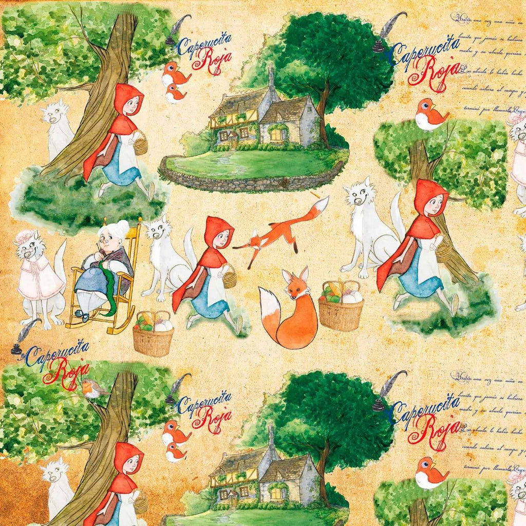 Dettaglio del motivo Cappuccetto Rosso sulla carta decorata