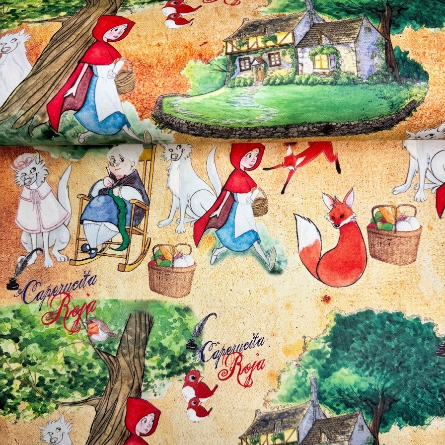 Carta decorata illustrata ispirata alla fiaba di Cappuccetto Rosso