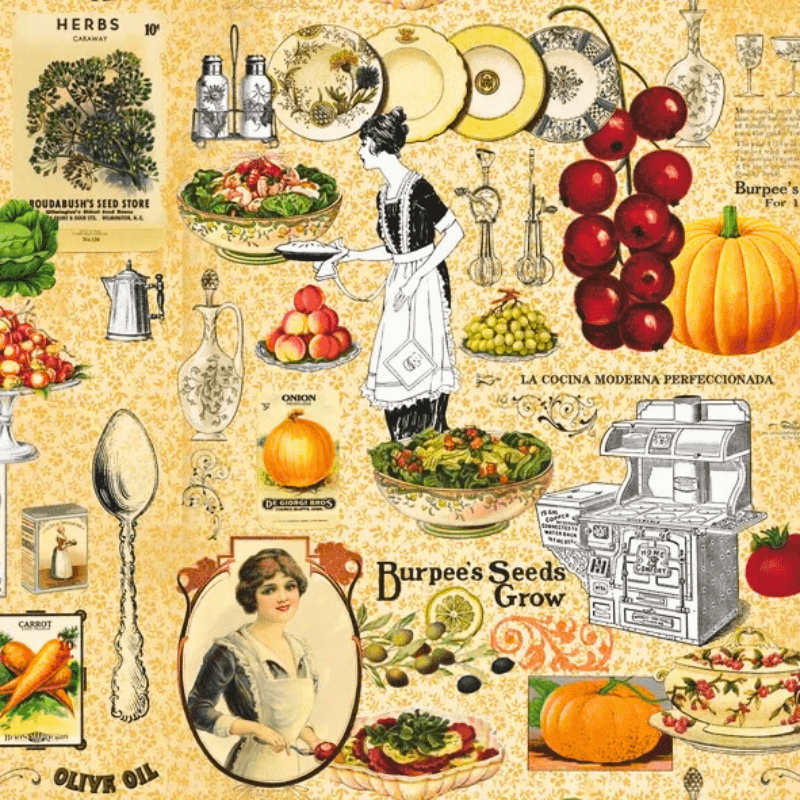 Dettaglio della carta decorata con illustrazioni di ortaggi
