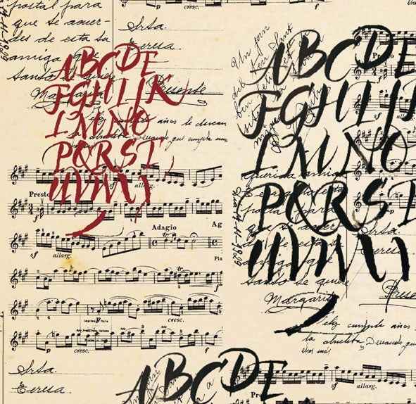 Dettaglio del pattern con spartiti e scrittura calligrafica