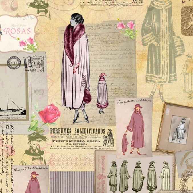 Dettaglio dei figurini di moda sulla carta decorata