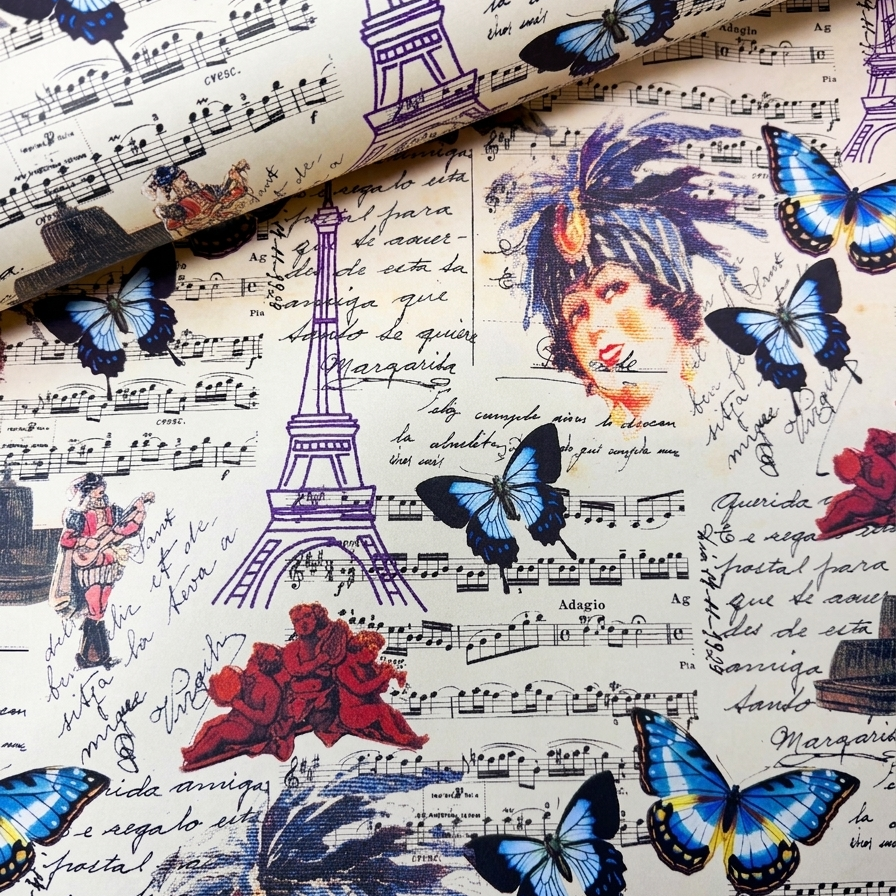 Carta decorata Belle Époque con farfalle e figurini femminili