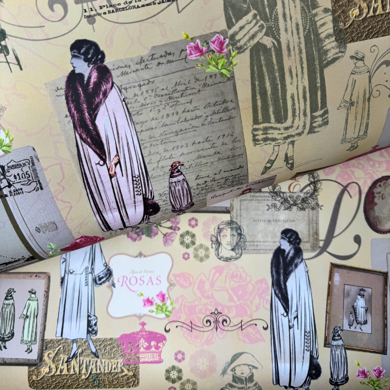 Carta decorata Belle Époque con figurini di moda