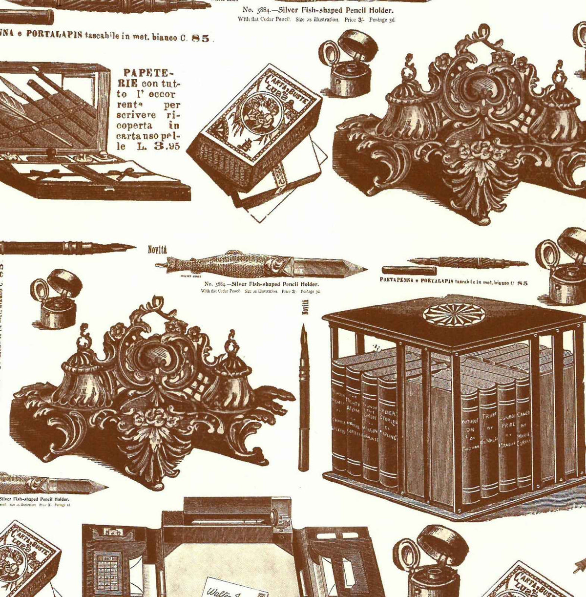Dettaglio del pattern con calamai e pennini vintage