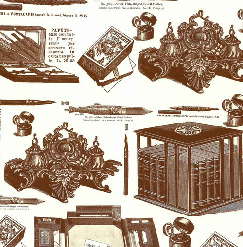 Dettaglio del pattern con calamai e pennini vintage
