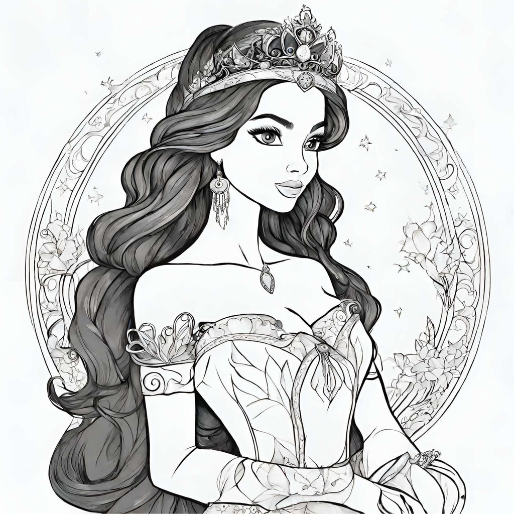 Disegno di principessa da colorare con castello e giardino