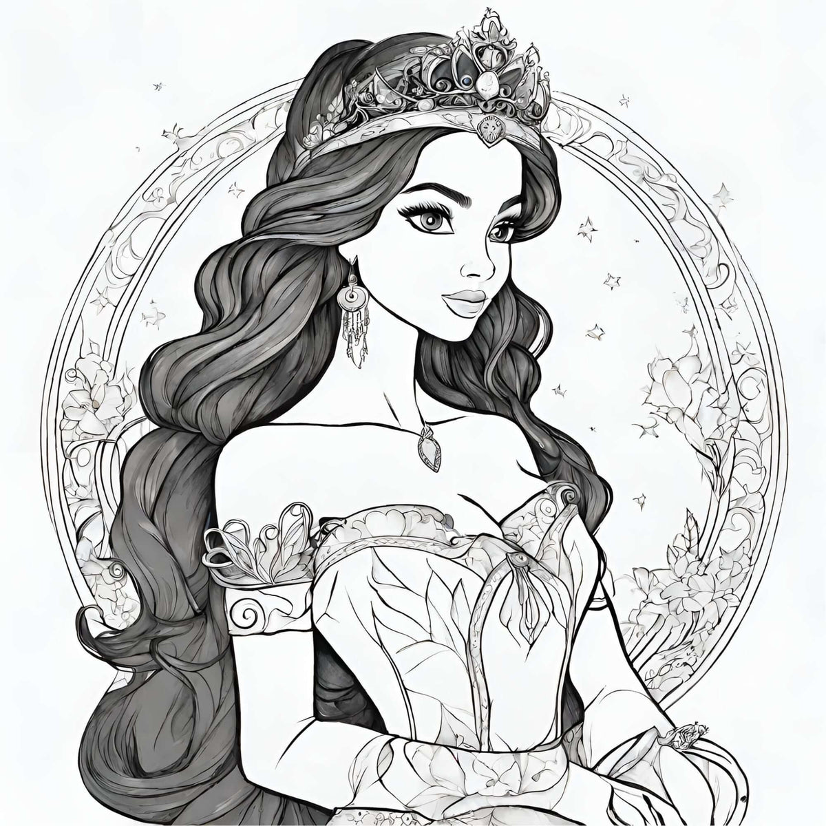 Disegno di principessa da colorare con castello e giardino